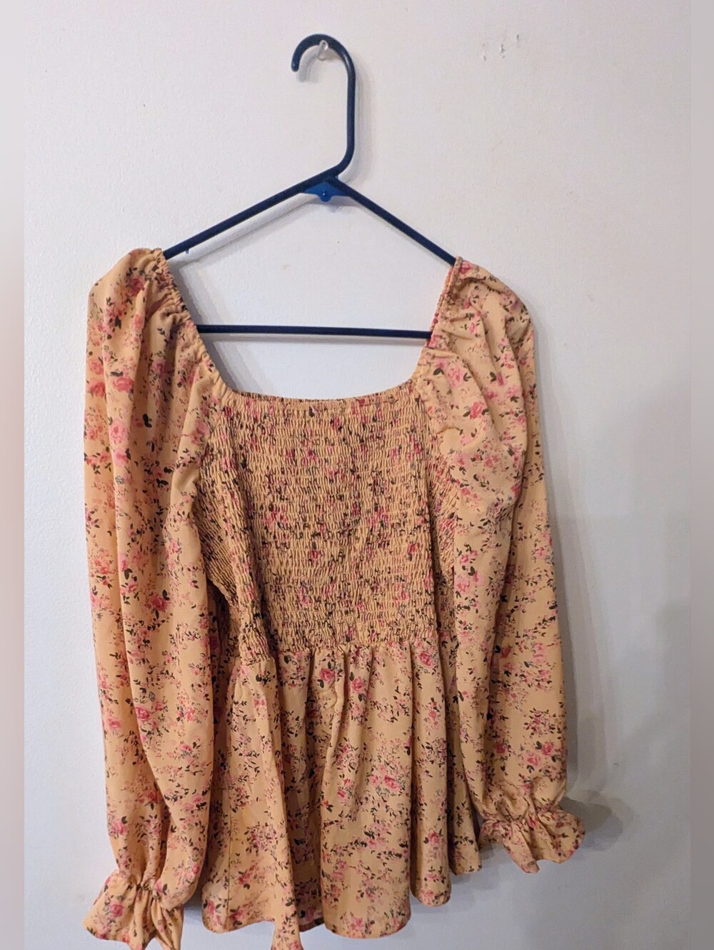 Floral Smocked Peasant Top in Beige with Pink Accents M